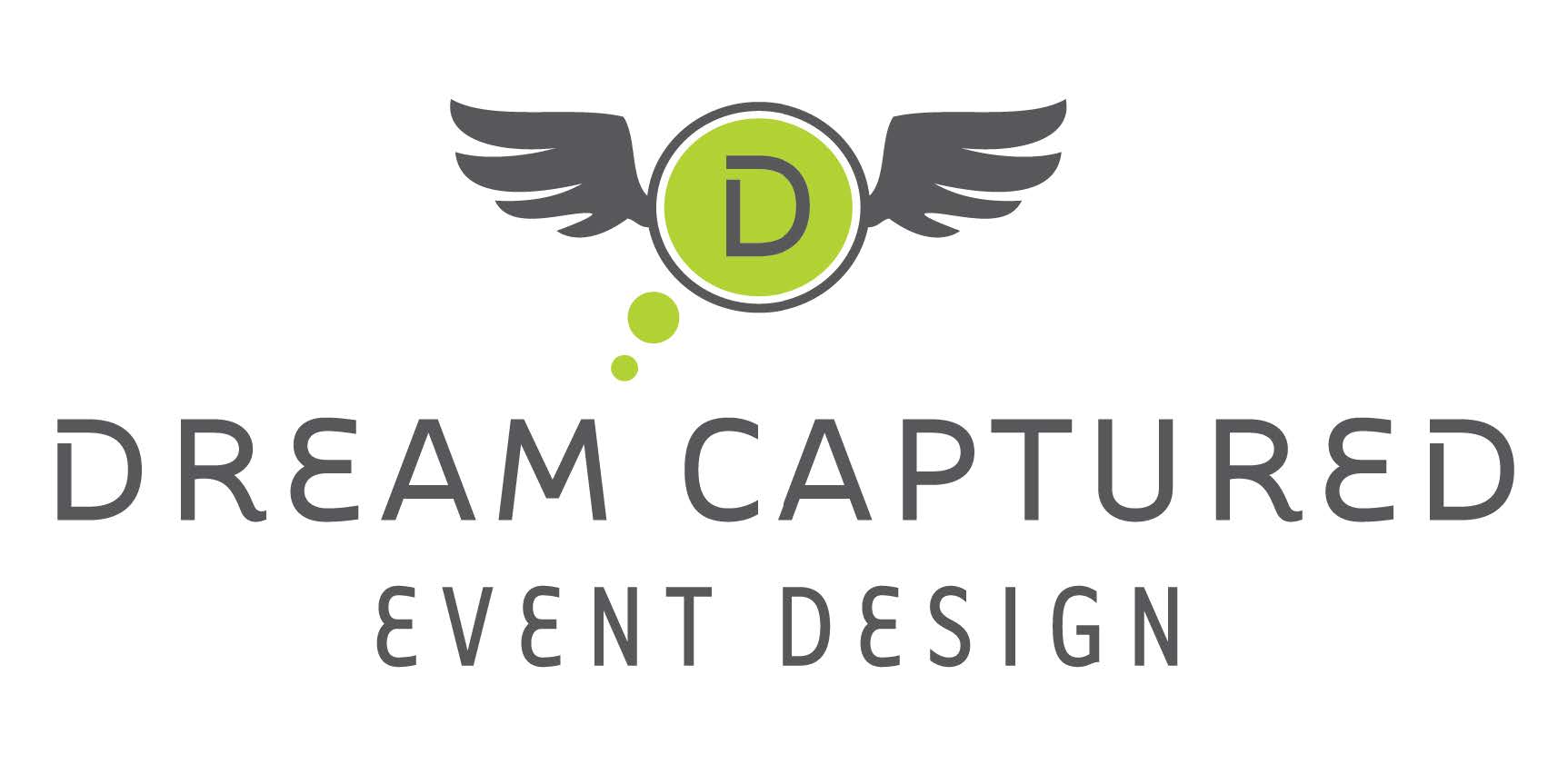 Black letter D in Green circle with gray wings on left and right side, black text underneath reads Dream Captured Event Design