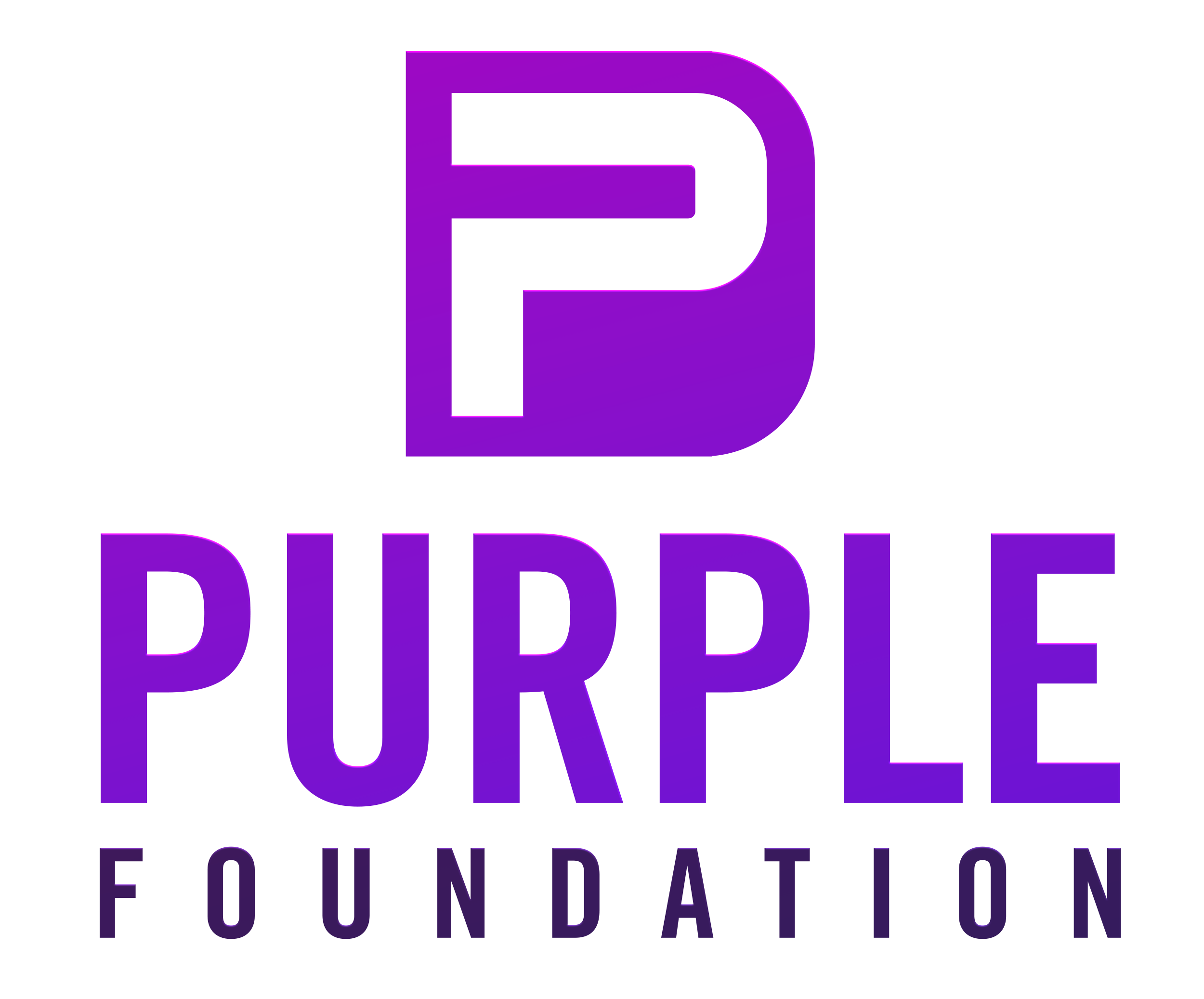 vibrant purple P logo with text underneath in Puple and black reading Purple Foundation